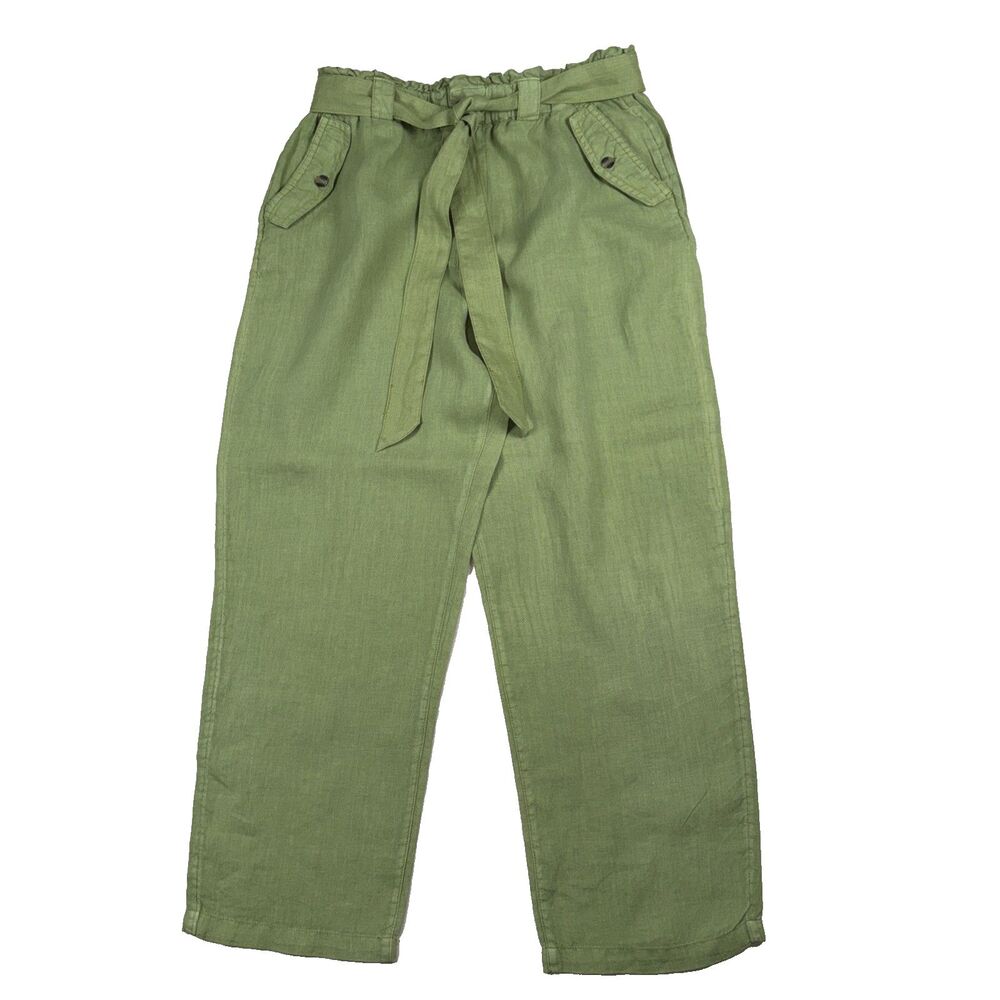C&C California Crop 100% Linen Pants Large Olive Green Belted Paper Bag Waist